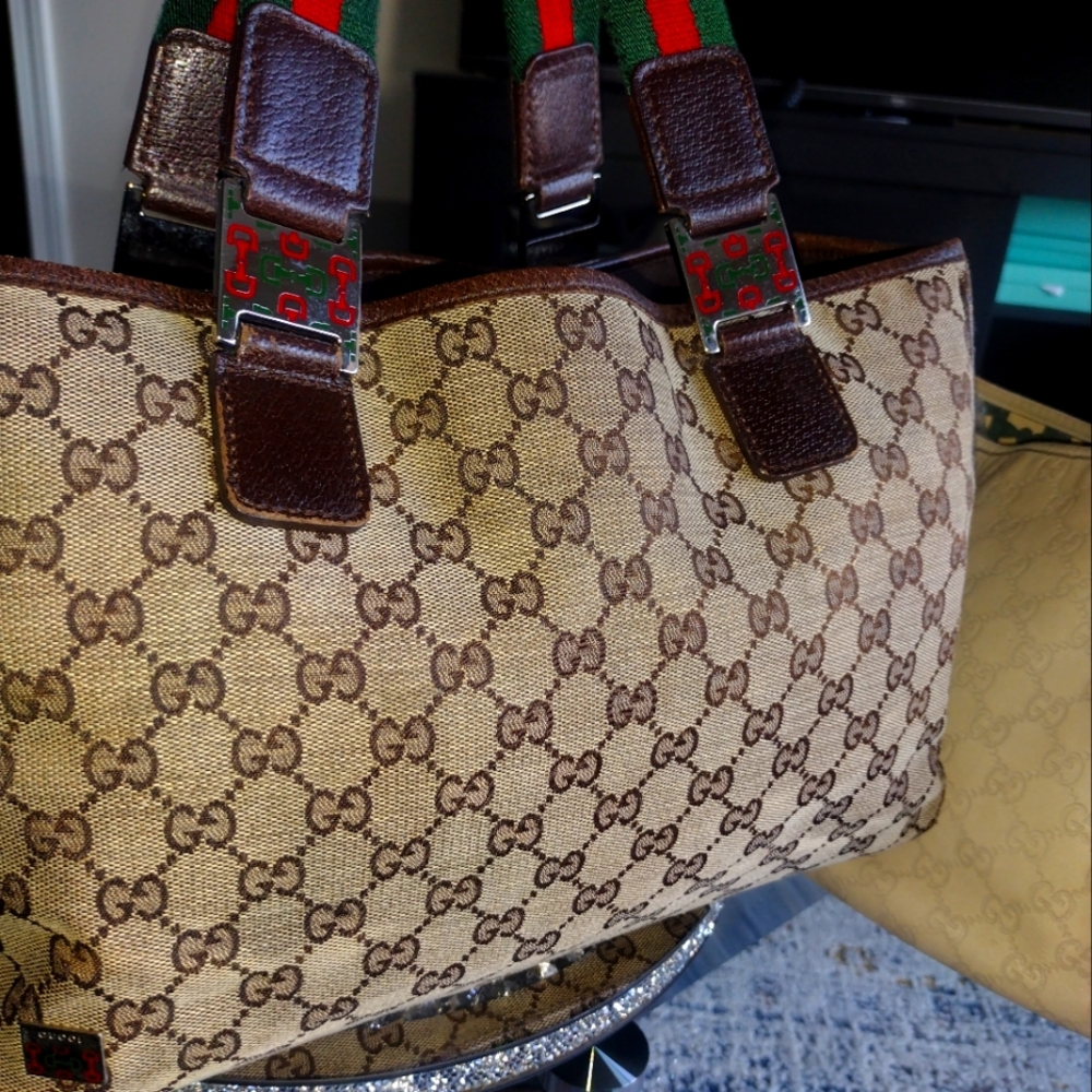 SOLD ‼️ GUCCI GG Canvas Web Sherry Line Tote Bag Beige Brown Red Green Auth